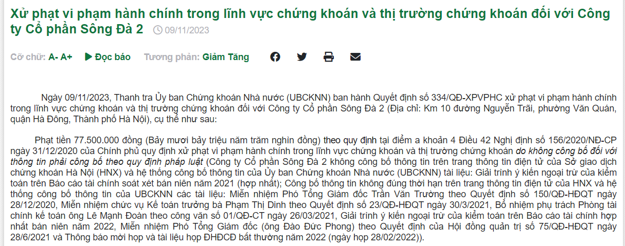 Vi phạm trong lĩnh vực chứng khoán Sông Đà 2 SD2 bị xử phạt